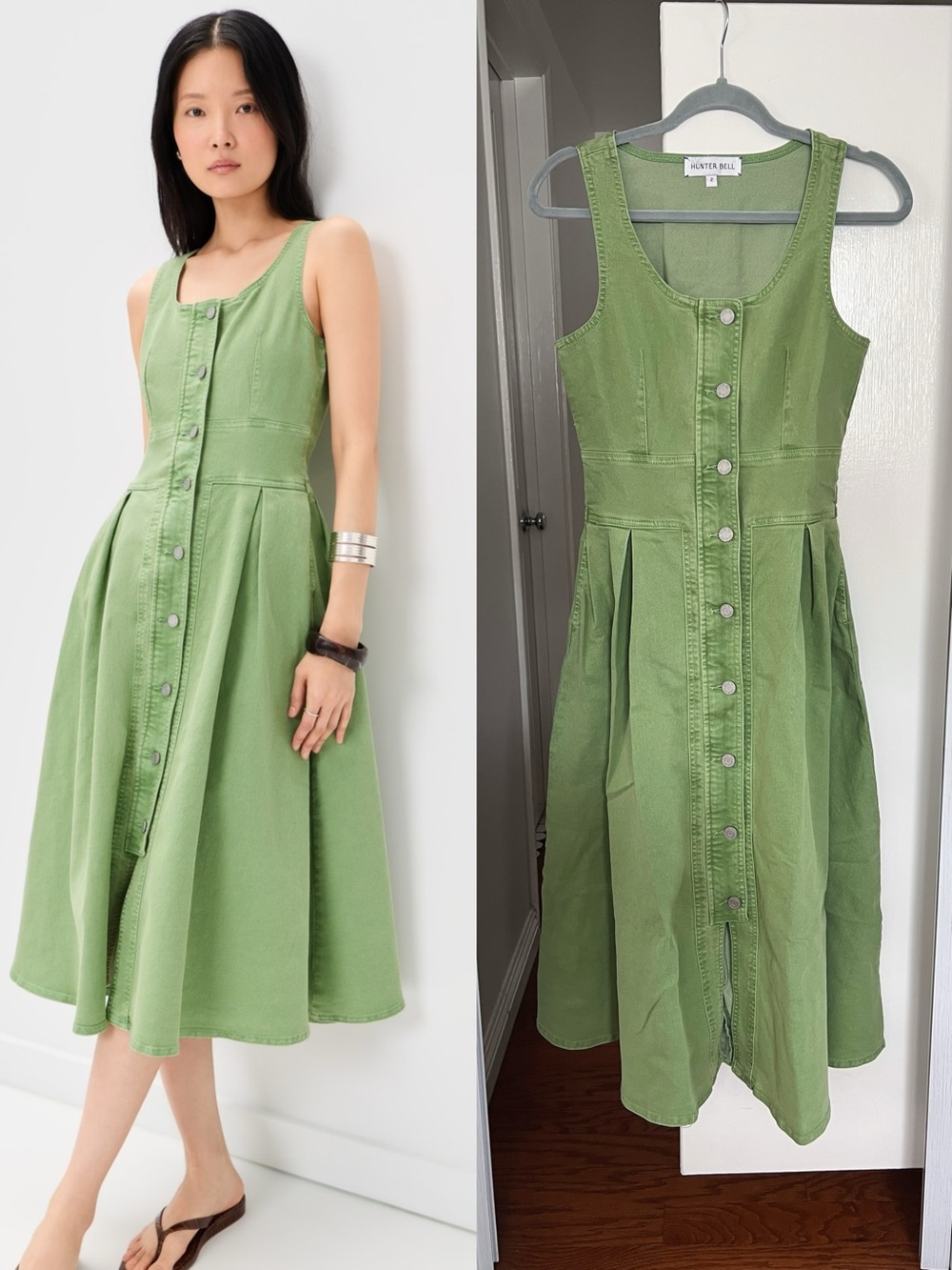 HUNTER BELL Thompson Dress Sleeveless Button-Front Green Midi Dress, US2